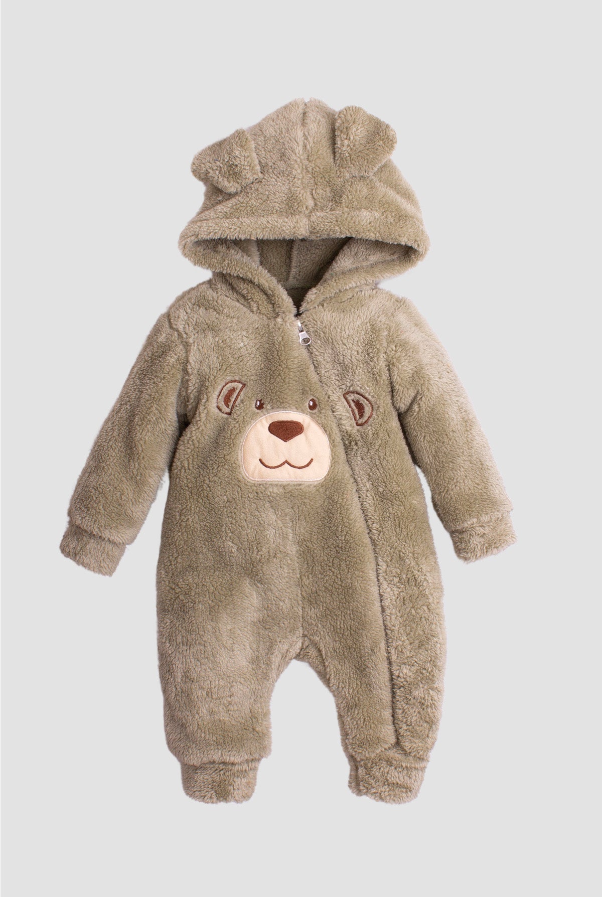 Unisex Kapüşonlu Ayıcık Nakışlı Peluş Bebek Tulum 0-12 Ay
